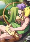  1boy 1girl ahoge ambiguous_penetration artist_name bellsprout breasts colored_skin cum eyebrows_visible_through_hair freckles gen_1_pokemon girl_on_top green_hair hand_on_another&#039;s_head hand_on_another&#039;s_thigh hetero highres kinkymation kiss long_hair medium_breasts monster_girl moss mushroom outdoors personification pitcher_plant plant plant_girl pokemon purple_hair rain saliva sex sideboob sitting sitting_on_lap sitting_on_person straddling tail tree upright_straddle vine_tail yellow_skin 
