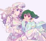  2girls artist_name blonde_hair blue_eyes corset earrings green_skirt green_sweater grey_background hat jewelry long_hair looking_at_viewer macross macross_frontier military_hat multiple_girls off_shoulder ooomi open_mouth pants ranka_lee red_eyes sheryl_nome shirt short_hair shrug_(clothing) sitting skirt smile sparkle sweater white_corset white_hat white_pants white_shirt 