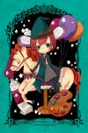  1girl balloon black_border blush border cerika coat eyelashes green_coat green_eyes green_hat hat highres holding holding_paintbrush looking_at_viewer original paint_tube paintbrush palette_(object) red_hair short_hair sidesaddle smile solo split_mouth toy_horse watch witch_hat 
