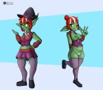  bottomwear breasts clothing eyewear female fours_(artist) genitals gesture glasses goblin hand_gesture hat headgear headwear hi_res humanoid legwear looking_at_viewer magic_user mostly_nude pubes pussy skirt solo thigh_highs tongue tongue_out v_sign witch 