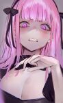  1girl absurdres black_hairband blush breasts cleavage cleavage_cutout clothing_cutout commentary disgust eyebrows_visible_through_hair hairband highres hololive hololive_english looking_at_viewer looking_down mile_(off8mile) mori_calliope pink_eyes pink_hair virtual_youtuber 