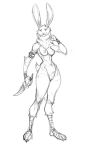  anthro breasts chest_tuft crotch_tuft dagger eyes_closed female genitals guoh holding_dagger holding_object holding_weapon lagomorph leporid mammal melee_weapon monochrome navel nipples pussy rabbit simple_background sketch smile solo standing tuft weapon white_background 