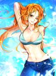  1girl arm_tattoo bikini bikini_top_only blue_background cowboy_shot denim earrings floating_hair hand_in_own_hair hashtag-only_commentary highres jeans jewelry long_hair looking_to_the_side mxhxkxcx nami_(one_piece) one_eye_closed one_piece orange_hair pants smile solo swimsuit tattoo 