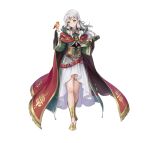  1girl absurdres bird book bridal_gauntlets cape circlet cloak fire_emblem fire_emblem:_radiant_dawn fire_emblem_heroes green_cloak highres long_hair looking_at_viewer micaiah_(dawning_maiden)_(fire_emblem) micaiah_(fire_emblem) ne-on official_alternate_costume official_art red_cape simple_background skirt smile solo tachi-e thighlet white_background white_hair white_skirt yellow_eyes yune_(fire_emblem) 