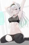  1girl absurdres alternate_costume armpits arms_up black_hairband black_panties black_sports_bra black_thighhighs blush breasts firefly_(honkai:_star_rail) grey_hair hair_between_eyes hairband hands_up highres honkai:_star_rail honkai_(series) indoors long_hair looking_to_the_side medium_breasts navel nei1122 one_eye_closed panties panty_pull purple_eyes sitting solo sports_bra stomach sweat thighhighs tongue tongue_out underwear wariza 