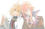  2boys ahoge blonde_hair blush crossed_arms emil_castagnier glasses gloves green_eyes high_collar highres jacket leaning_on_person long_hair long_sleeves male_focus multiple_boys red_hair richter_abend smile tales_of_(series) tales_of_symphonia tales_of_symphonia_knight_of_ratatosk white_background xing_20 