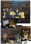  absurd_res anthro breath canid canine canis clothing collar computer cowboy_bebop cybernetic_limb detailed_background domestic_dog ein_(cowboy_bebop) feral furniture group herding_dog hi_res higurashi029 human humanoid_pointy_ears jet_black laptop male mammal mid_transformation panting pastoral_dog sofa spike_spiegel transformation welsh_corgi 