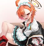  1girl blue_archive braid crossed_legs looking_at_viewer maid maid_headdress neru_(blue_archive) open_mouth orange_hair red_eyes shirt single_braid sitting skirt solo sterben thighs white_shirt 