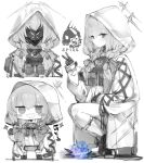  1girl atsuko&#039;s_grin_(meme) atsuko_(blue_archive) blue_archive braid chibi closed_mouth coat flower gas_mask greyscale grin hair_between_eyes hair_ribbon halo highres hood hood_up hooded_coat kotatu_(akaki01aoki00) long_hair long_sleeves looking_at_viewer low_twin_braids mask meme monochrome open_clothes open_coat ribbon shoes simple_background smile sparkle spot_color squatting twin_braids v 