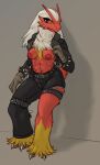  abs against_surface against_wall anthro areola beak belt belt_around_leg blaziken blue_eyes bottomwear bracelet breasts claws clothed clothing feathers female generation_3_pokemon hi_res jacket jewelry leaning leather leather_bottomwear leather_clothing leather_jacket leather_pants leather_topwear looking_at_viewer medium_breasts muscular muscular_anthro muscular_female navel nintendo nipples non-mammal_breasts non-mammal_nipples open_clothing open_jacket open_topwear open_zipper pants partially_clothed pokemon pokemon_(species) pokemon_unite presenting presenting_breasts protatypo punk_style_blaziken red_areola red_body red_feathers red_nipples red_skin short_tail solo spiked_bracelet spikes standing tail topwear white_body white_feathers yellow_body yellow_feathers yellow_sclera 
