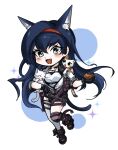  1girl :d animal arknights asymmetrical_legwear black_gloves black_shorts blaze_(arknights) blue_eyes blue_hair blue_tail blush_stickers brown_cat cat chibi commentary_request eyes_visible_through_hair fang gloves grey_cat grey_thighhighs hair_between_eyes hairband highres holding holding_animal infection_monitor_(arknights) jiakongshijie566 long_hair looking_at_viewer open_mouth purple_thighhighs red_hairband shirt shorts simple_background sleeves_pushed_up smile solo sparkle strap tail thighhighs uneven_legwear white_background white_cat white_shirt 