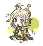  1girl :d animal_ears arknights blush_stickers brown_pants chibi chinese_clothes eyes_visible_through_hair full_body grain_buds_(arknights) grey_hair grey_shirt jiakongshijie566 looking_at_viewer open_mouth pants shirt short_hair short_sleeves simple_background sitting smile solo sparkle white_background yellow_eyes 