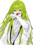  1other androgynous blood blood_on_clothes blood_on_face blood_on_hands enkidu_(fate) expressionless fate/grand_order fate_(series) green_hair hair_between_eyes highres kingu_(fate) long_hair nonobe9781 purple_eyes robe simple_background solo upper_body very_long_hair white_background white_robe wiping_blood wiping_face 