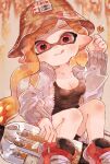 1girl asymmetrical_hair ballpoint_splatling_(splatoon) black_shirt blush breasts candy cleavage closed_mouth collarbone colored_tongue ear_blush food grey_jacket hand_up hat highres holding holding_candy holding_food holding_lollipop inkling inkling_girl inkling_player_character jacket knee_blush lollipop long_hair long_sleeves looking_at_viewer medium_breasts open_clothes open_jacket orange_hair orange_hat orange_tongue plum0o0 red_eyes red_footwear shirt shoes smile solo splatoon_(series) tentacle_hair tongue tongue_out wavy_hair zipper 