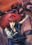  1980s_(style) 1984_(year) 1girl dated gaw_ha_leecee gloves hairband juusenki_l-gaim kitazume_hiroyuki mecha nouvelle_d.sserd official_art painting_(medium) pointing pointing_at_viewer promotional_art red_hair retro_artstyle robot scan science_fiction signature traditional_media uniform 