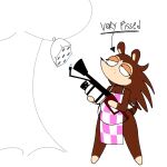  1:1 2024 animal_crossing anthro apron apron_only biped breasts brown_body brown_hair checkered checkered_apron checkered_clothing cleavage clothed clothing emotionless english_text eulipotyphlan featureless_feet feet female fire flamethrower freckles hair hedgehog hi_res hive holding_flamethrower holding_object holding_ranged_weapon holding_weapon itz_not_v lidded_eyes mammal markings mouthless nintendo pattern_apron pattern_clothing plant ranged_weapon sable_able simple_background solo spikes standing striped_markings striped_tail stripes tail tail_markings team_fortress_2 text tree valve weapon white_background 