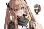  2girls :3 artist_name black_bow black_jacket black_neckerchief blonde_hair blush bow brown_hair closed_mouth english_commentary feeding food fork girls&#039;_frontline hair_between_eyes hair_bow hair_ornament hairpin highres holding holding_fork jacket long_hair multiple_girls multiple_hair_bows multiple_hairpins neckerchief one_side_up pov pov_hands red_eyes scar scar_across_eye simple_background smile sparkle twintails ump45_(girls&#039;_frontline) ump9_(girls&#039;_frontline) white_background yangie37 yellow_eyes 
