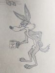  3_toes 4_fingers animal_genitalia anthro arm_tuft back_tuft balls beverage biped black_eyes black_nose butt_tuft calf_tuft canid canine canis cheek_tuft chest_tuft claws coffee coffee_cup coffee_mug container coyote cup elbow_tuft english_text facial_tuft fangs feet finger_claws fingers forearm_tuft forearms frown fully_sheathed genitals graphite_(artwork) greyscale groggy half-closed_eyes head_tuft hi_res hip_tuft holding_coffee holding_coffee_cup holding_coffee_mug holding_container holding_cup holding_object humanoid_hands knee_tuft leg_tuft looney_tunes lufeed male mammal monochrome narrowed_eyes navel nude paws pencil_(artwork) pinup plantigrade pose ribs scratching_back scratching_butt scratching_self sharp_teeth sheath shoulder_tuft sketch skinny solo standing teeth text text_on_coffee_mug text_on_cup text_on_mug tired tired_eyes toe_claws toes traditional_media_(artwork) tuft warner_brothers wile_e._coyote 