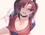  1girl blush breasts cleavage dae_seo-yun_(nyantcha) freckles highres looking_at_viewer mole mole_on_breast nyantcha open_mouth original purple_eyes purple_hair solo suggestive_fluid tongue tongue_out twintails 