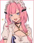  1girl absurdres black_choker blue_eyes border breasts butterfly_hair_ornament choker cleavage elbow_gloves elf elysia_(honkai_impact) elysia_(miss_pink_elf)_(honkai_impact) fake_horns gloves hair_between_eyes hair_ornament heart_pendant highres honkai_(series) honkai_impact_3rd horns long_hair looking_at_viewer lower_teeth_only maid maid_headdress open_mouth pink_border pink_hair pink_pupils pointing pointing_up pointy_ears puffy_short_sleeves puffy_sleeves rena_(_rrena) short_sleeves solo star_(symbol) teeth upper_body white_background white_gloves 