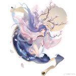  1girl bare_shoulders barefoot blue_hair blush branch cherry_blossoms chinese_clothes collarbone dress flower full_body hanfu highres holding jianr_baike long_hair looking_at_viewer magnolia petals purple_hair qixiong_ruqun red_eyes ruqun scroll see-through solo very_long_hair warship_girls_r white_background wide_sleeves yingtan_(warship_girls_r) 
