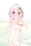  1girl after_bathing antenna_hair bath bathing covering_privates elf flower grey_hair hair_flower hair_ornament highres holding holding_towel kokkoro_(princess_connect!) lemonztea naked_towel navel nude_cover onsen pointy_ears princess_connect! see-through steam towel towel_around_waist water wet wet_towel white_flower white_towel 