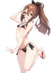  1girl :d alternate_costume bare_arms bare_legs bikini black_bikini black_bow blush bow breasts brown_eyes brown_hair center-flap_bangs commentary double_v flip-flops foot_out_of_frame hair_between_eyes hair_bow hand_up high_ponytail highres kantai_collection long_hair looking_at_viewer micro_bikini open_mouth sandals side-tie_bikini_bottom sidelocks simple_background skindentation small_breasts smile solo standing standing_on_one_leg stomach string_bikini swimsuit symbol-only_commentary v white_background zarashi zuihou_(kancolle) 
