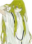  1other androgynous arm_up enkidu_(fate) fate/grand_order fate_(series) frown green_hair hair_between_eyes hair_lift hand_in_own_hair highres kingu_(fate) long_hair looking_at_viewer nonobe9781 purple_eyes robe simple_background solo upper_body very_long_hair white_background white_robe 