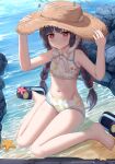  1girl absurdres arms_up barefoot beach bikini black_hair blue_archive breasts hair_between_eyes hands_up hat highres long_hair miyu_(blue_archive) navel ocean red_eyes sandals skym_(kumei) small_breasts solo stomach swimsuit twintails white_bikini 