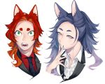  2boys animal_ear_fluff animal_ears black_necktie blue_eyes blue_hair blue_nails collared_shirt colored_inner_hair commentary_request fangs fingernails fox_boy fox_ears freckles gradient_hair green_eyes half-closed_eyes hand_up highres long_hair looking_at_viewer male_focus multicolored_hair multiple_boys necktie open_mouth orange_hair original parted_lips portrait purple_hair red_hair red_shirt sharp_fingernails shirt short_eyebrows simple_background white_background white_shirt zzb_azz 