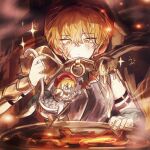  1boy 1girl armor beret blonde_hair chibi closed_mouth don_quixote_(project_moon) hat highres ladle laenjen78201 limbus_company open_mouth project_moon short_hair sinclair_(project_moon) sparkle yellow_eyes 