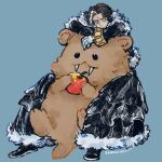  1boy animal beaver black_coat blue_background brown_hair coat dated emet-selch final_fantasy final_fantasy_xiv gloves holding itowo_(itowc) jitome long_sleeves multicolored_hair oversized_animal simple_background streaked_hair white_gloves 