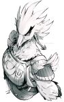  anthro armor avian beak bird braided_pseudo_hair breath_of_the_wild bust_portrait feathers hi_res high-angle_view looking_at_viewer looking_up looking_up_at_viewer male monochrome nintendo portrait rito sinsin12121 solo teba_(tloz) text the_legend_of_zelda white_body white_feathers 