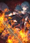  1girl bangs blue_eyes byleth_(fire_emblem) byleth_(fire_emblem)_(female) commission eyes_visible_through_hair fire fire_emblem fire_emblem:_three_houses highres holding holding_sword holding_weapon long_hair looking_at_viewer open_mouth skeb_commission sword upper_body weapon yoshiki1020 