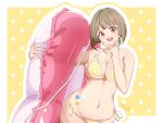  1girl bikini border breasts cleavage commentary_request grey_hair groin hand_on_own_chin hand_up heart_stickers highres holding holding_swim_ring innertube looking_at_viewer love_live! love_live!_nijigasaki_high_school_idol_club luozomi medium_breasts nakasu_kasumi navel open_mouth outline outside_border polka_dot polka_dot_background red_eyes short_hair solo standing stomach swim_ring swimsuit teeth upper_body upper_teeth_only v white_border yellow_background yellow_bikini 