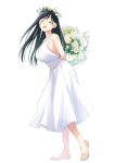  1girl absurdres amagami-san_chi_no_enmusubi amagami_yae asymmetrical_bangs barefoot black_hair blush bouquet breasts closed_eyes dress flower_wreath head_wreath heel_up highres holding holding_behind_back holding_bouquet large_breasts long_hair marcey open_mouth second-party_source sideboob simple_background sleeveless sleeveless_dress smile solo straight_hair white_background white_dress 