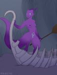  3_toes 4_toes anthro biped blush boat breasts charon_(redeye) claws digital_media_(artwork) european_mythology feet female fingers genitals greek_mythology hi_res horn kobold looking_at_viewer medium_breasts mythology nipples nude open_mouth paws purple_body purple_skin pussy redeye scalie simple_background smile solo tattoo toes tongue vehicle water watercraft 