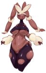  anthro areola areola_slip big_breasts biped black_eyes blush bottomless breasts brown_body chubby_female clothed clothing female genitals hi_res looking_at_viewer mega_evolution mega_lopunny navel nintendo nipple_outline pink_sclera pok&eacute;mon pok&eacute;mon_(species) pussy simple_background slightly_chubby smile solo solterv standing thick_thighs under_boob video_games white_background 