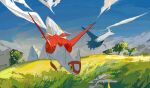  apios blue_sky claws closed_mouth cloud commentary day dragon english_text expressionless field flying full_body grass highres latias latios looking_afar looking_at_another mountainous_horizon outdoors pokemon pokemon_(creature) red_eyes sky tree yellow_eyes 