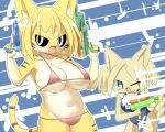  2girls :3 animal_ear_fluff animal_ears bikini black_sclera blonde_hair blue_background blue_eyes blue_one-piece_swimsuit breasts cat_ears cat_girl cat_tail colored_sclera colored_skin commentary_request cowboy_shot dog_ears dog_girl dog_tail dual_wielding furry furry_female holding holding_water_gun large_breasts lets0020 looking_at_viewer looking_to_the_side medium_bangs medium_hair multiple_girls one-piece_swimsuit one_eye_closed open_mouth original pink_bikini short_hair smile swimsuit tail two_side_up water water_gun white_eyes yellow_skin 