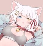  1girl animal_ear_fluff animal_ears bare_shoulders bell blue_eyes blue_nails blush breasts brown_background cat_ears cat_hair_ornament cleavage clothes_writing collar collarbone commentary fish_hair_ornament grey_jacket hair_ornament hair_ribbon hands_up heterochromia jacket jingle_bell kinakomoti long_sleeves medium_breasts nail_polish neck_bell off_shoulder open_clothes open_jacket open_mouth original puffy_long_sleeves puffy_sleeves red_collar red_ribbon ribbon romaji_text simple_background sleeves_past_wrists solo sweat upper_body white_hair yellow_eyes yellow_nails 