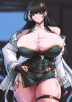  abs absurdres baizhi_(wuthering_waves) black_gloves black_hair breasts fingerless_gloves gloves highres huge_breasts long_hair muscular muscular_female roneesan simple_background solo veins veiny_breasts wuthering_waves 