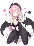  absurdres bare_shoulders black_choker black_gloves black_headdress black_pantyhose blue_eyes breasts choker cleavage cosplay demon_girl demon_wings elbow_gloves elf elysia_(honkai_impact) fake_horns fake_tail fake_wings finger_to_mouth flower flower_ornament gloves hair_flower hair_ornament heart heart_pendant highleg highleg_leotard highres honkai_(series) honkai_impact_3rd horns leotard long_hair maid_headdress navel one_eye_closed pantyhose pink_hair pointy_ears pubic_tattoo tail tattoo tongue tongue_out white_background wings yuzhi_lier 