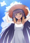  1girl :3 :d arms_up bare_arms bare_shoulders blue_eyes blue_sky blunt_bangs cloud collarbone commentary day dress fang hat highres hololive hololive_english kenjun long_hair looking_at_viewer multicolored_hair ninomae_ina&#039;nis open_mouth orange_hair outdoors pointy_ears purple_hair sky sleeveless sleeveless_dress smile solo straw_hat sundress takodachi_(ninomae_ina&#039;nis) very_long_hair virtual_youtuber white_dress 