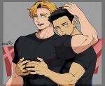  2boys :d alternate_costume ao_isami bara black_hair blonde_hair blush couple facial_hair green_eyes hand_on_another&#039;s_head hug hug_from_behind lageins large_pectorals lewis_smith male_focus multiple_boys pectorals shirt sideburns_stubble smile stubble t-shirt thick_eyebrows toned toned_male upper_body yaoi yuuki_bakuhatsu_bang_bravern 
