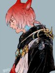  1boy animal_ears cat_ears commentary_request crystal_exarch dated final_fantasy final_fantasy_xiv g&#039;raha_tia grey_background itowo_(itowc) male_focus miqo&#039;te open_mouth ponytail profile red_eyes red_hair simple_background solo upper_body 