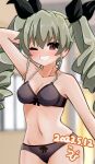  1girl anchovy_(girls_und_panzer) arm_behind_head artist_name black_bra black_panties black_ribbon blurry blurry_background blush bow bow_bra bow_panties bra breasts brown_eyes cleavage commentary_request commission cowboy_shot dated depth_of_field drill_hair girls_und_panzer green_hair grin groin hair_ribbon highres indoors long_hair looking_at_viewer navel one_eye_closed panties partial_commentary ribbon shiro_(kiron) signature skeb_commission small_breasts smile solo standing twin_drills twintails underwear underwear_only 