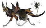  animal_focus antennae artist_name beak black_eyes claws feathered_wings from_side full_body highres kamikiririp monster no_humans original signature simple_background solo tail white_background wings 
