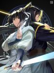  2boys back-to-back black_background black_hair black_hanbok brown_eyes closed_mouth expressionless glowing glowing_sword glowing_weapon hair_ribbon hair_tie half_updo hanbok high_ponytail highres holding holding_paper holding_sword holding_weapon jinhongi korean_clothes korean_commentary long_hair long_sleeves looking_at_another looking_at_viewer male_focus multiple_boys paper ribbon seol_young shrimpkk smile standing sword talisman upper_body weapon white_hanbok white_ribbon yellow_eyes zaha 