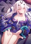  1girl absurdres bare_shoulders barefoot big_belly breasts choker collarbone fate/grand_order fate_(series) forked_eyebrows hair_ornament highres japanese_clothes kimono layered_clothes layered_kimono long_hair looking_at_viewer m-da_s-tarou melusine_(dream_portrait)_(fate) melusine_(fate) navel obi off_shoulder official_alternate_costume panties pregnant sash sidelocks sitting small_breasts solo thighs underwear very_long_hair wariza white_hair wide_sleeves yellow_eyes 